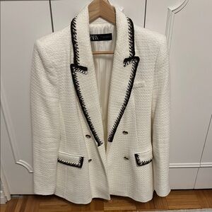 Zara Women's White Blazer with Black Trim